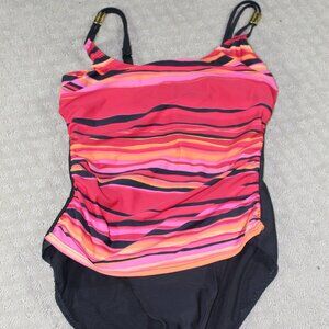 Ladies One Piece Red, Pink, Orange and Black Swimsuit Size 8D by Fantasizer EUC